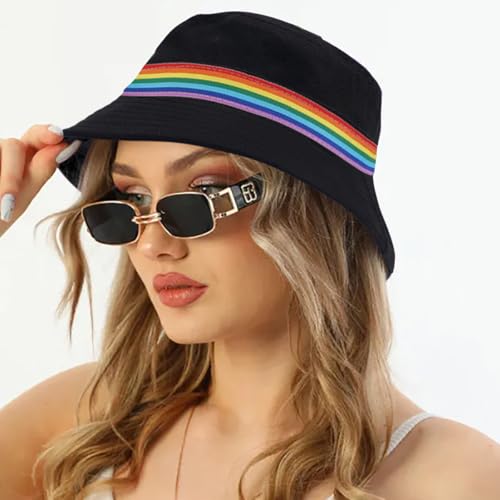 XYIYI 2 Pack Unisex Bucket Hat for Women Men Summer Beach Fishing Hat Sun Hat - color: Rainbow Ribbon Black White