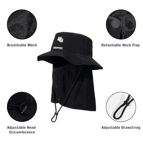 Bucket Hat for Men Women,Waterproof Sun Hat UV Protection with Detachable Face Neck Flap for Outdoors - color: Black+green