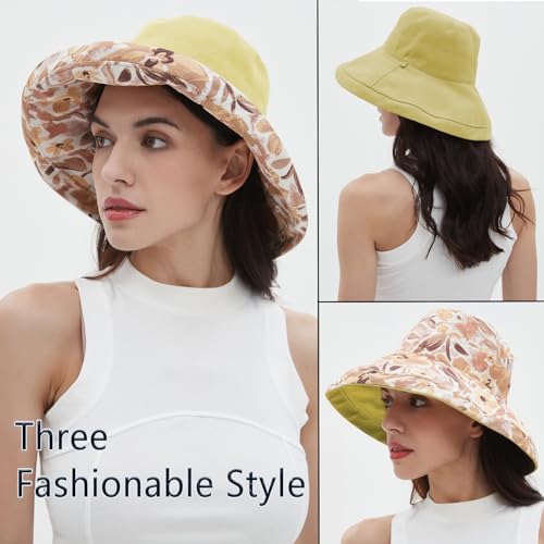 vidsel Womens Sun Hats Wide Brim Reversible Bucket Cotton Hat with Hat Clip - color: Yellow, size: Medium