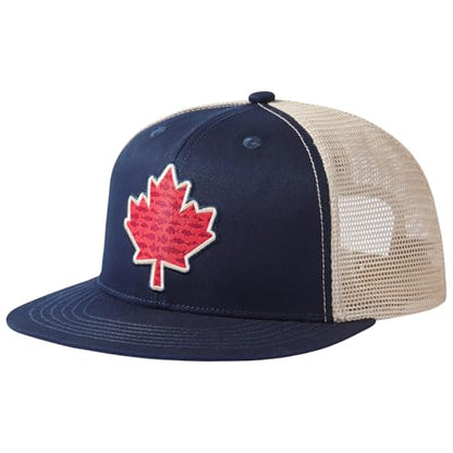 BASSDASH Flat Brim Trucker Cap Adjustable Snapback Hat Mesh Back for Men Women - color: Dark Blue Fish Maple