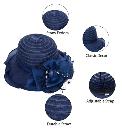 Women Wide Brim Organza Derby Hat Summer Sun Hat Fascinator Bridal Tea Party Wedding Hat - color: Navy