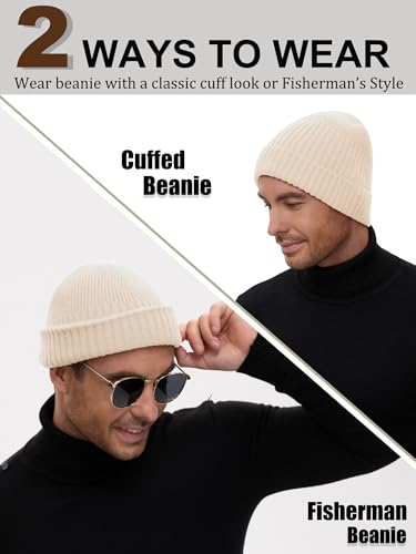 Wool Short Fisherman Beanie for Men Women Double Cuffed Skull Caps - color: 1pcs-beige