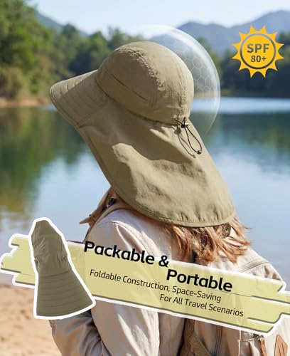 Home Prefer UPF 80+ Sun Hat for Men Women Wide Brim Sun Hat with Neck Flap Summer Beach UV Protection Gardening Fishing Hat - color: Army Green
