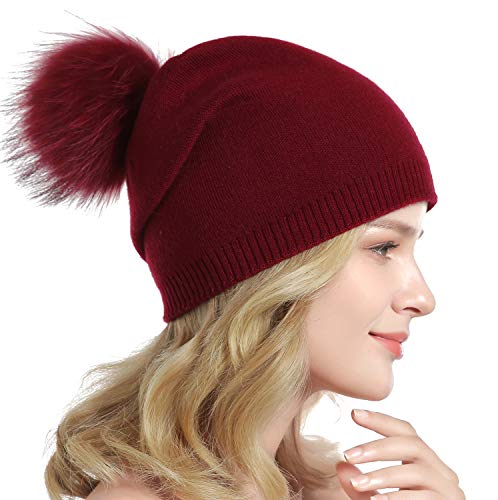 Women Knit Wool Beanie - Winter Fashion Solid Wool Hats Real Removable Raccoon Fur Pom Pom Warm Ski Beanie - color: 05- Purplish Red