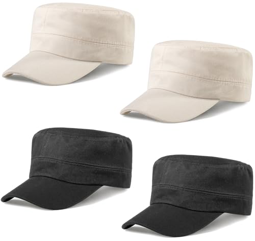 Glamorstar Unisex Cadet Army Hats 4 Pieces Military Flat Top Newsboy Cap - color: 2 Beige + 2 Black