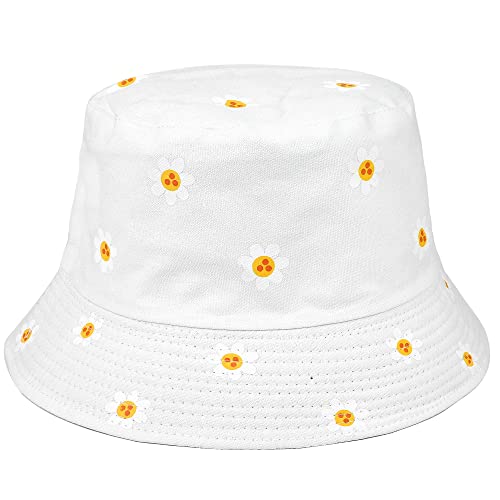 Falari Reversible Bucket Hat for Men Women Summer Travel Beach Outdoor Fishing Hat 100% Cotton - color: J876-white-daisy Flower