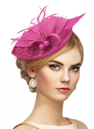 Zinniday Fascinator Tea Party Hat - 2026 Derby Pillbox Kentucky Hat for Women (7.87x5.9inch) - color: Rose Red