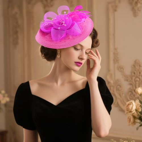 DRESHOW Fascinators Hat Flower Mesh Feathers Hat with a Headband and a Clip 7.9" Tea Party Headwear for Women - color: Folded Style 2: Deep Pink / 7.9"