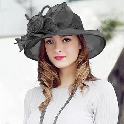 Women's Organza Derby Fascinator Hat Cloche Bowler Hat Cocktail Tea Party Wedding Sun Hat - color: B3-black