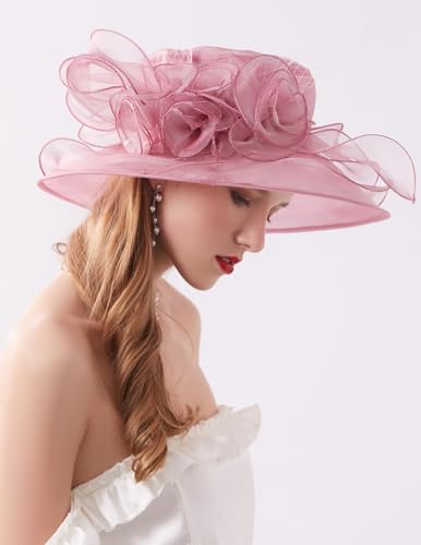 Women Organza Kentucky Hat Fascinator Tea Party Derby Hat Feather Wedding Church Head Ornament Sun Hats - color: 017-pink Purple