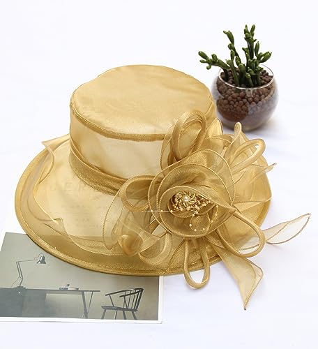 Women's Kentucky Derby Church Dress Hat Wide Brim Leaf Flower Bridal Shower Hat - color: F1-gold