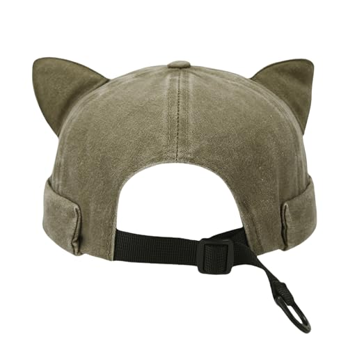 Cute Cat Ear Beanie Hats for Women Men Washed Cotton Brimless Docker Cap Retro Rolled Cuff Skull Cap - color: Khaki