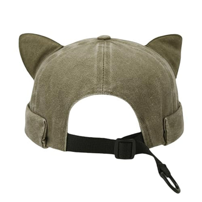 Cute Cat Ear Beanie Hats for Women Men Washed Cotton Brimless Docker Cap Retro Rolled Cuff Skull Cap - color: Khaki