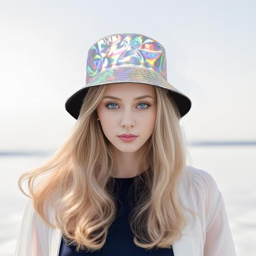 MILAKOO Rave Hologram Metallic Bucket Hat Reversible Cap Reflective Waterproof Rain Fisherman Hat - color: B: Silver