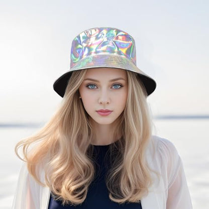 MILAKOO Rave Hologram Metallic Bucket Hat Reversible Cap Reflective Waterproof Rain Fisherman Hat - color: B: Silver