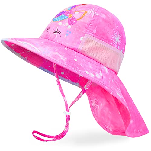 Girls Sun Hat for Kids UV Protection Unicorn Summer Hat Beach Play Hats Wide Brim Neck Flap for Girls Ponytail Hat 2-9 Years - color: Pink Unicorn