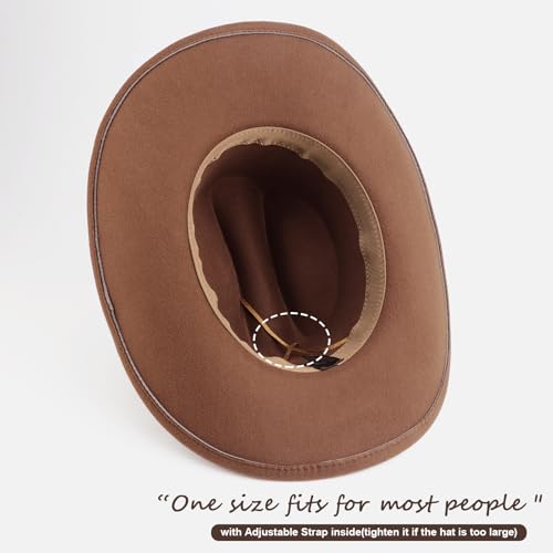 AQOKKA Western Cowboy Hats for Women Classic Felt Wide Brim Fedora Hat with Belt Buckle Retro Panama Hat Unisex Rolled up Cap - color: 1 Pc Fedora Hat : Khaki