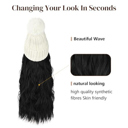 Flufymooz Beanie Wig Hat, Long Wavy Curly Black Hairpiece with Faux Fur Pom, Attached 20 Inch Synthetic Hair for Women Girls Winter (Natural Black) - color: White Hat-natural Black, size: 20 Inch