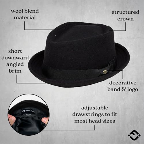 Funky Junque Wool Blend Porkpie Fedora, Classic Trilby Dress Hat - color: Black, size: Medium