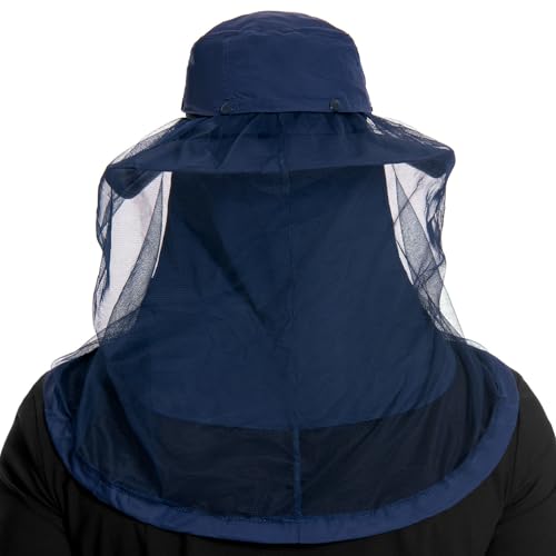 BASSDASH UPF 50+ Mosquito Sun Hat with Hidden Head Net and Neck Flap for Men Women Outdoor Fishing Hiking Camping - color: Navy Blue