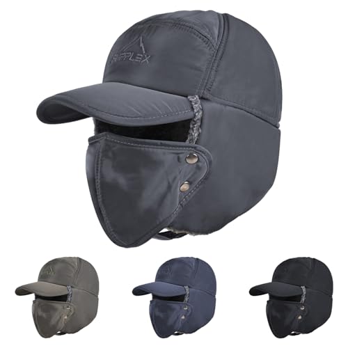 Russian Ushanka Trapper Hat, Elmer Fudd Hat with Ear Flap & Removable Mask for Men and Women, Thick Winter Warm Hat - color: Grey