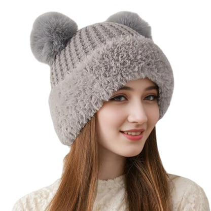 Womens Winter Knitted Beanie Hat with Double Faux Fur Pompom Fuzzy Warm Knit Ski Skull Cap for Women - color: Grey