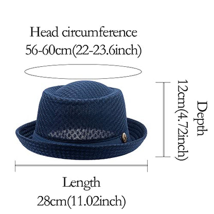 Straw Mesh Pork Pie Hat,Men Summer Fedora,Lightweight Bowler Flat Top - color: White+navy Blue