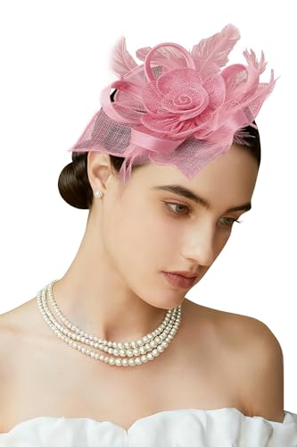 BABEYOND Fascinator Hats for Women Linen Flower Feather Tea Party Derby Hat - color: Pink