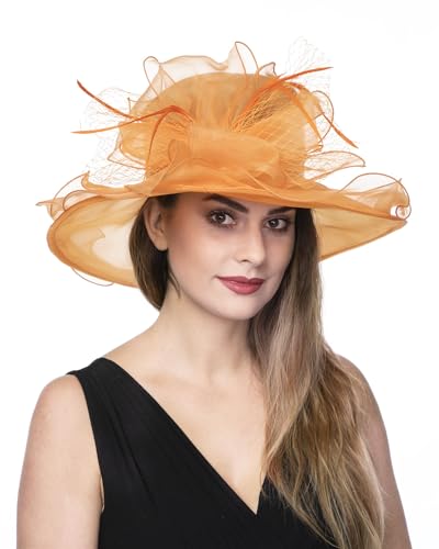 Haojing Women's Organza Church British Fascinator Bridal Tea Party Wedding Hat Summer Ruffles Cap - color: Hj23-orange