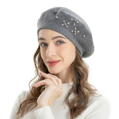 ZLYC Women French Beret Hat Reversible Solid Color Mosaic Warm Artist Cap - color: Embroidered Flower Vine Gray