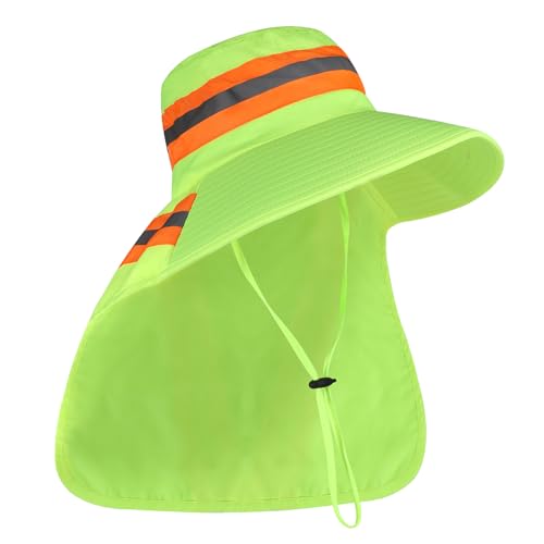 High Visibility Reflective Sun Hat Mesh Work Safety Boonie Hat UPF50+ Wide Brim Bucket Cap for Outdoor Hiking Men Women - color: Green(with Neck Flap)