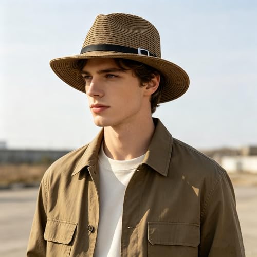 Men's Floppy Packable Straw Hat Beach Cap Newsboy Fedora Sun Hat, Big Brim, Adjustable Chin Strap - color: Coffee