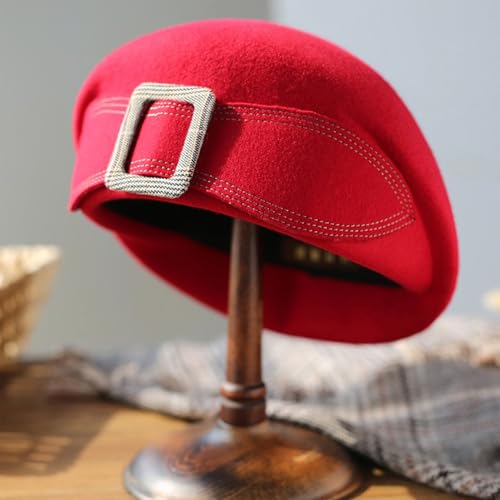 Womens Wool Felt French Berets Pillbox Hat Vintage Beanie Beret Bowknot Cap - color: 2 Red