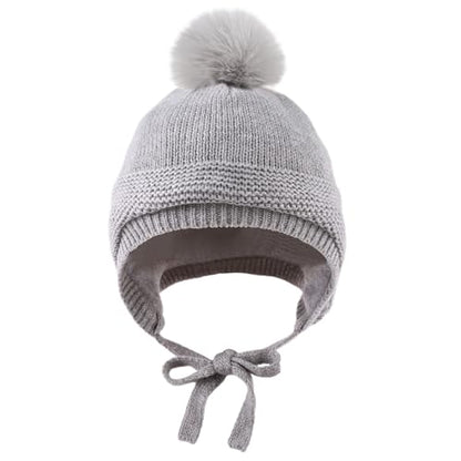 JANGANNSA Basic Winter Baby Boy Beanie Pompom Knit Girl Hat Kid Earflap Cap - color: Gray Pompom Hat, size: 6-24 Months