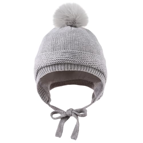 JANGANNSA Basic Winter Baby Boy Beanie Pompom Knit Girl Hat Kid Earflap Cap - color: Gray Pompom Hat, size: 0-6 Months