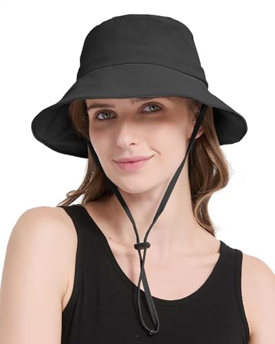 Waterproof Bucket Hat Hiking Hat for Women, Wide Brim Rain Hat UV Protection Sun Hat Packable Boonie Hat for Fishing Beach - color: Black