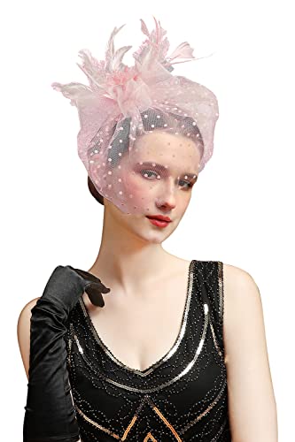 Fascinators Hat Feather Headband Women's Fascinators Tea Party Headwear with Clip Derby Hat for Girls and Women - color: 1 Pink