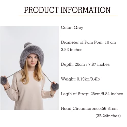 Womens Faux Fur Hat with Fluffy Pompom for Winter Fuzzy Knitted Beanies Skull Cap Warm Earflaps Cold Weather Cute - color: Grey