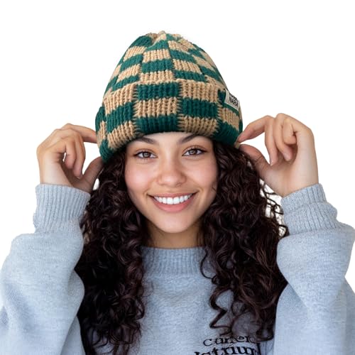 CLAPE Womens Cute Slouchy Beanies Hats, Winter Warm Chunky Checkered Beanie Large Cuff Knitted Hat Ski Cap for Cold Weather - color: Kh56-khaki-green