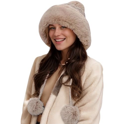 Winter Pompom Beanie Hats for Women Fluffy Knit Skull Cap Womens Faux Fur Crochet Warm Bucket Outdoor Ear Cover - color: Brown