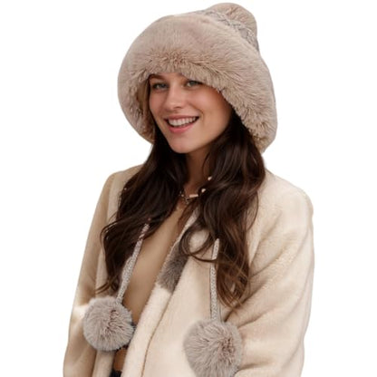 Winter Pompom Beanie Hats for Women Fluffy Knit Skull Cap Womens Faux Fur Crochet Warm Bucket Outdoor Ear Cover - color: Brown