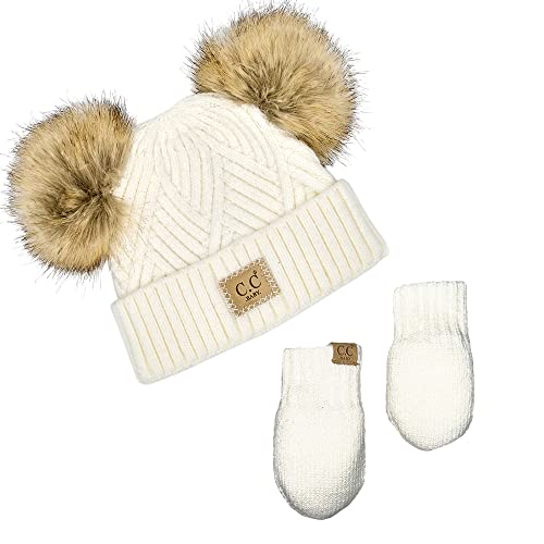 Funky Junque Baby Double Faux Fur Pom Pom Beanie & Mittens Set – Newborn Infant 0–9 Months Winter Hat with Soft Lined Mittens - color: Diagonal Basketweave: White (0-9 Months)