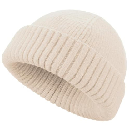 Wool Short Fisherman Beanie for Men Women Double Cuffed Skull Caps - color: 1pcs-beige