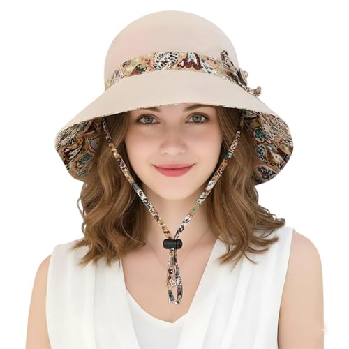 Women Bohemian Reversible Sun Hat Wide Brim Fishing Hats - color: Lac001-beige