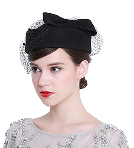 ORIDOOR Women's British Style Pillbox Church Derby Wedding Winter Vintage Fascinator Beret 100% Wool Felt Veil Hat - color: 01a-black