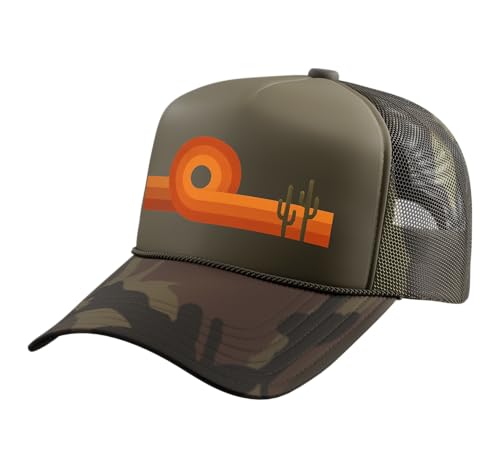 Retro Desert Sunset, Vintage Southwest Cactus Landscape Trucker Hat with Adjustable Mesh Back - color: Camo Green