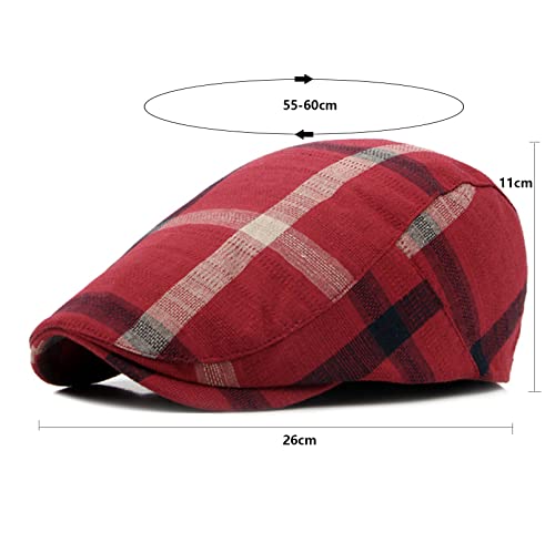 Men's Plaid Striped Newsboy Ivy Flat Driving Golf Cap - color: Black+red