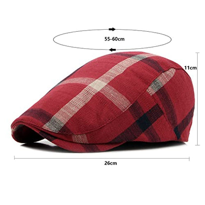 Men's Plaid Striped Newsboy Ivy Flat Driving Golf Cap - color: Black+red