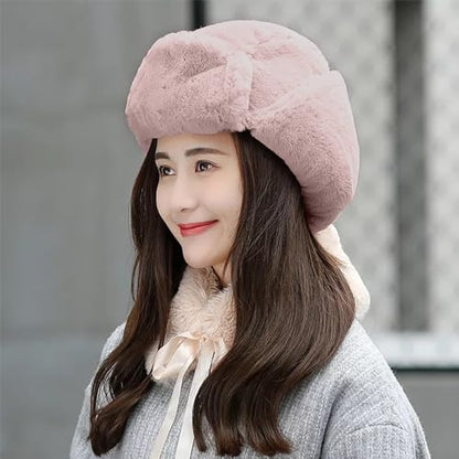 Womens Faux Fur Fuzzy Trapper Hat Winter Ear Flap Trooper Aviator Hat - color: Pink