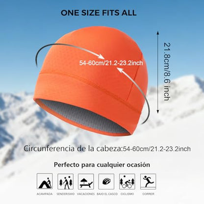 2 Pack Thermal Skull Caps for Men Women Wind-Resistant Fleece Beanie Hats Cold Weather Helmet Liners for Cycling - color: Black+orange